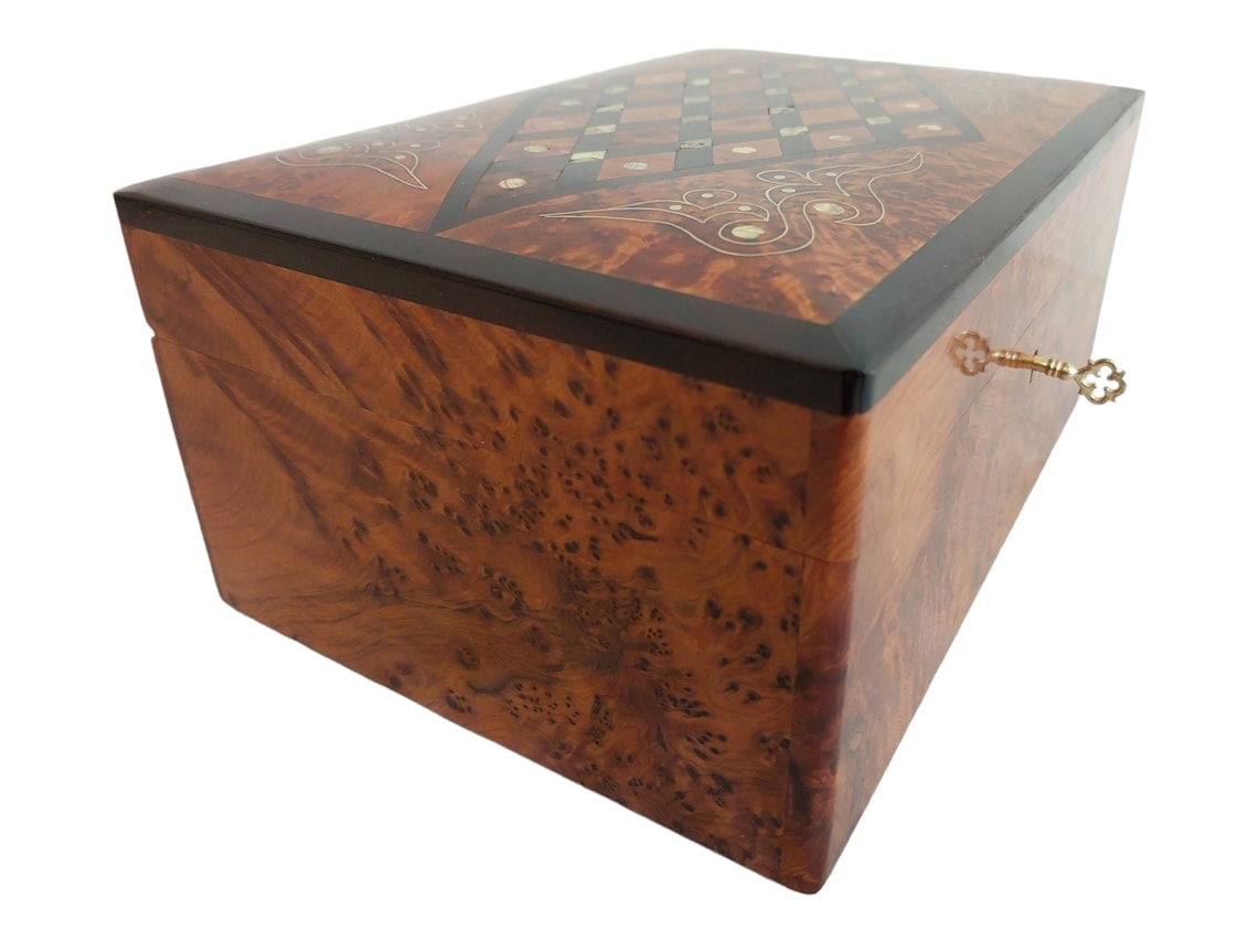 Handcrafted Moroccan Thuya Wood Jewelry Chest - Large Lockable Treasure Box, Unique Engraved Gift MoroccanBazzArts