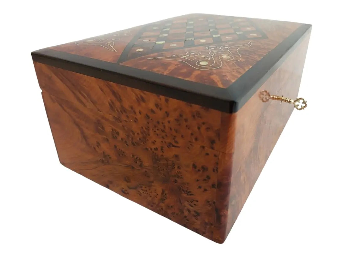 Handcrafted Moroccan Thuya Wood Jewelry Chest - Large Lockable Treasure Box, Unique Engraved Gift MoroccanBazzArts