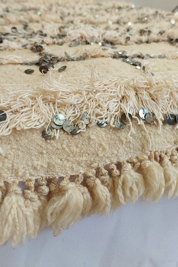 Cream Wool Blanket With Sequins: Handwoven Moroccan Throw, Off White Bedspread, Berber Style Rug MoroccanBazzArts
