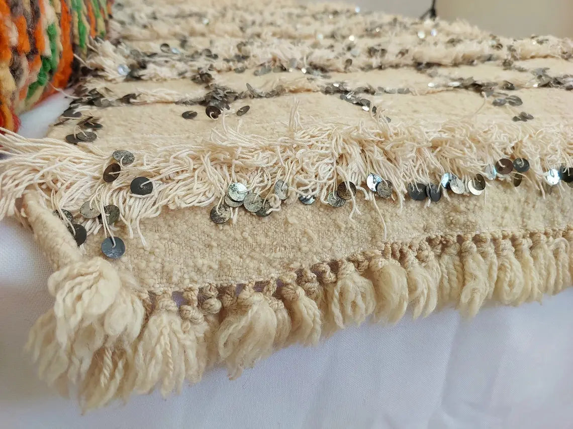 Cream Wool Blanket With Sequins: Handwoven Moroccan Throw, Off White Bedspread, Berber Style Rug MoroccanBazzArts