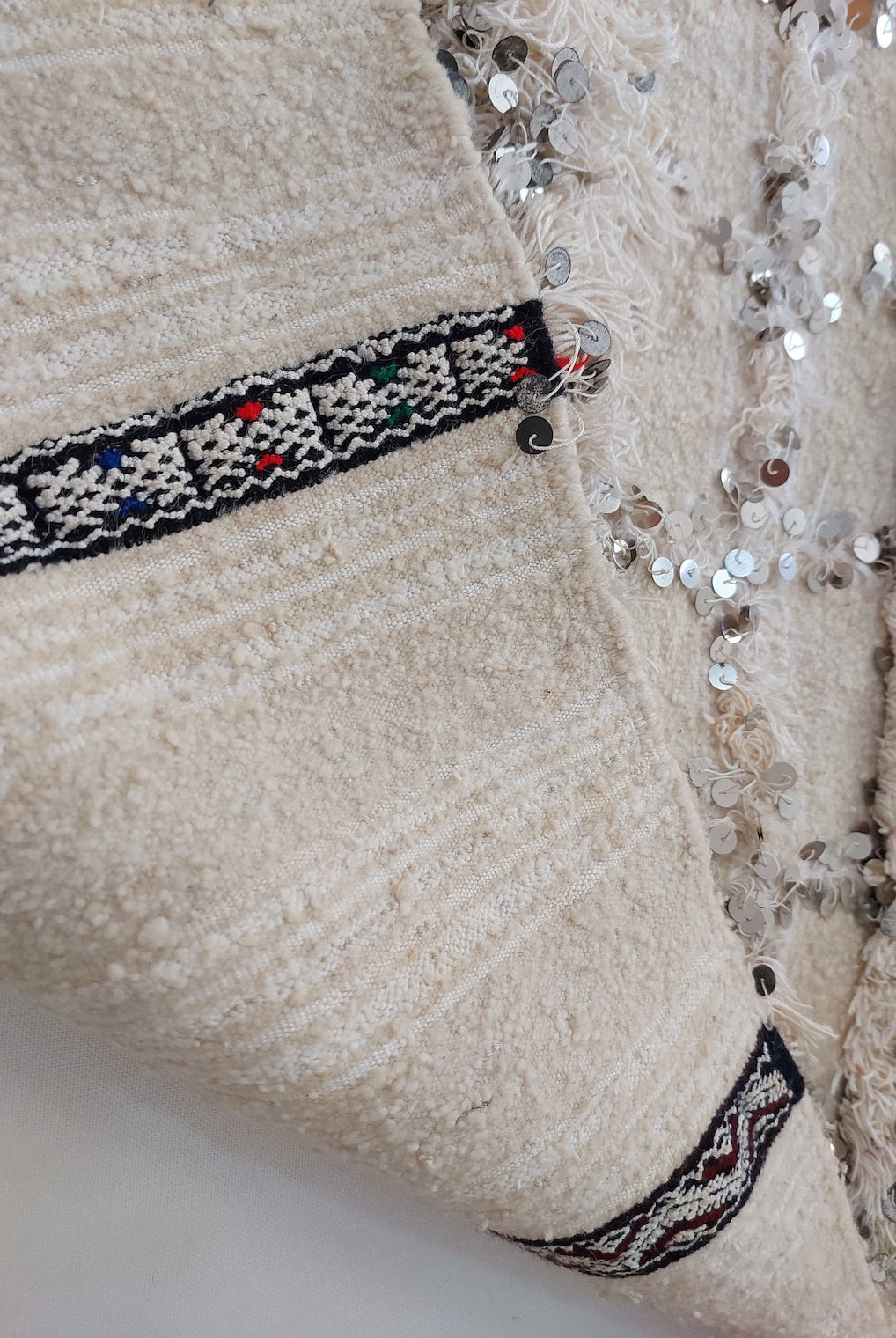 Cream Wool Blanket With Sequins: Handwoven Moroccan Throw, Off White Bedspread, Berber Style Rug MoroccanBazzArts