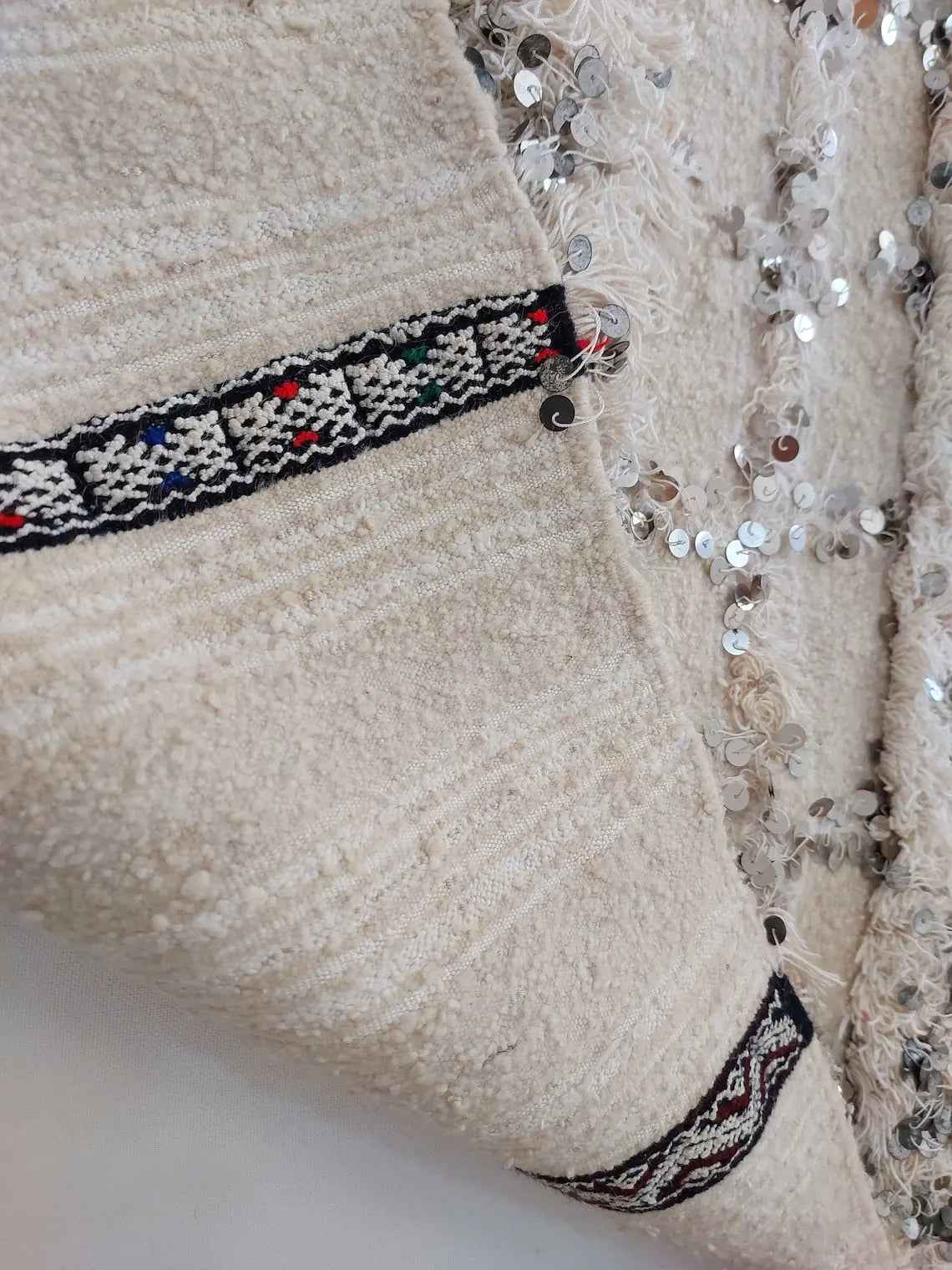 Cream Wool Blanket With Sequins: Handwoven Moroccan Throw, Off White Bedspread, Berber Style Rug MoroccanBazzArts