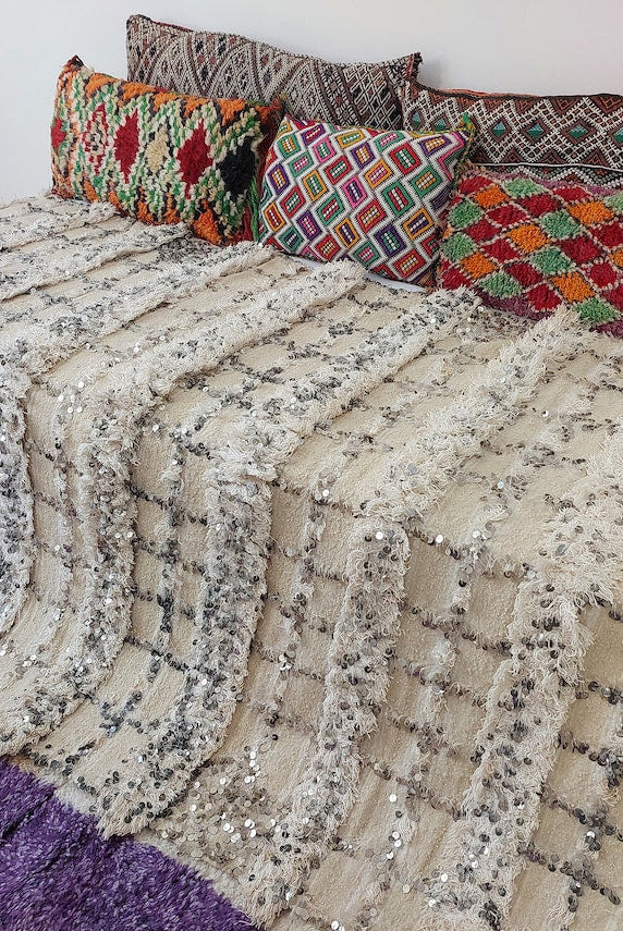 Cream Wool Blanket With Sequins: Handwoven Moroccan Throw, Off White Bedspread, Berber Style Rug MoroccanBazzArts