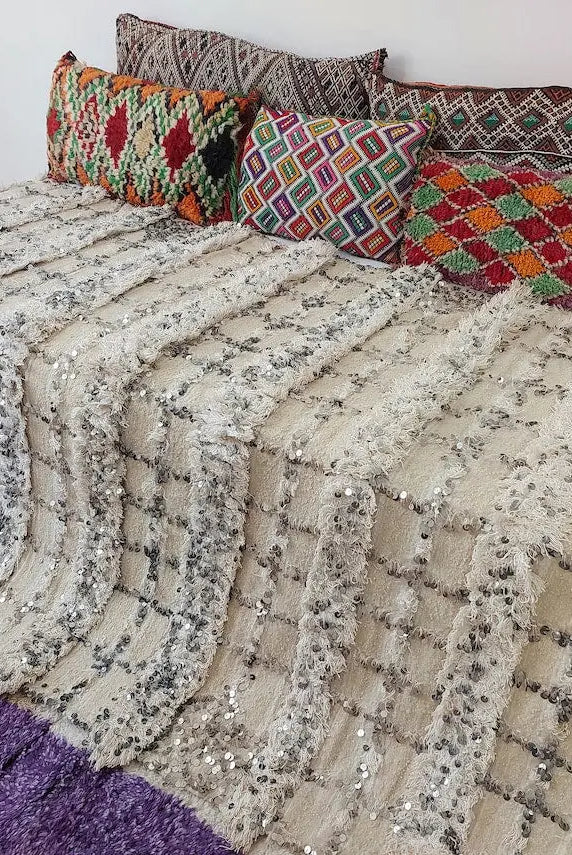 Cream Wool Blanket With Sequins: Handwoven Moroccan Throw, Off White Bedspread, Berber Style Rug MoroccanBazzArts