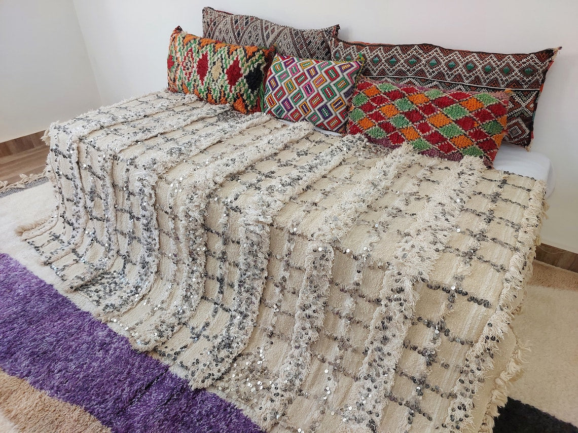 Cream Wool Blanket With Sequins: Handwoven Moroccan Throw, Off White Bedspread, Berber Style Rug MoroccanBazzArts
