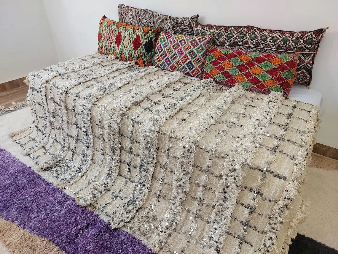 Cream Wool Blanket With Sequins: Handwoven Moroccan Throw, Off White Bedspread, Berber Style Rug MoroccanBazzArts