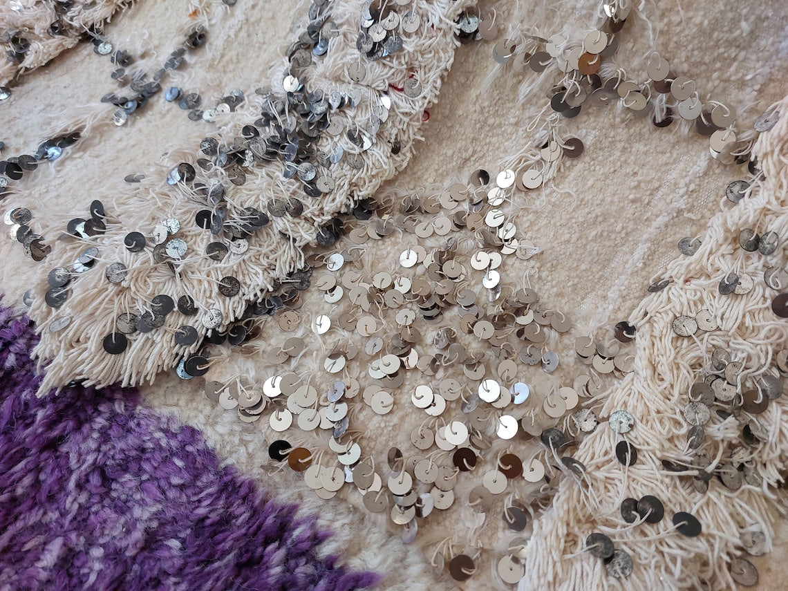 Cream Wool Blanket With Sequins: Handwoven Moroccan Throw, Off White Bedspread, Berber Style Rug MoroccanBazzArts
