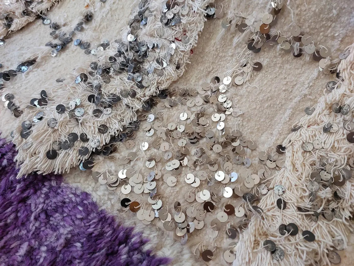 Cream Wool Blanket With Sequins: Handwoven Moroccan Throw, Off White Bedspread, Berber Style Rug MoroccanBazzArts