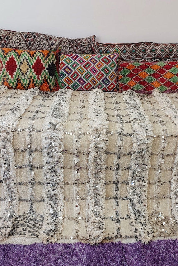 Cream Wool Blanket With Sequins: Handwoven Moroccan Throw, Off White Bedspread, Berber Style Rug MoroccanBazzArts