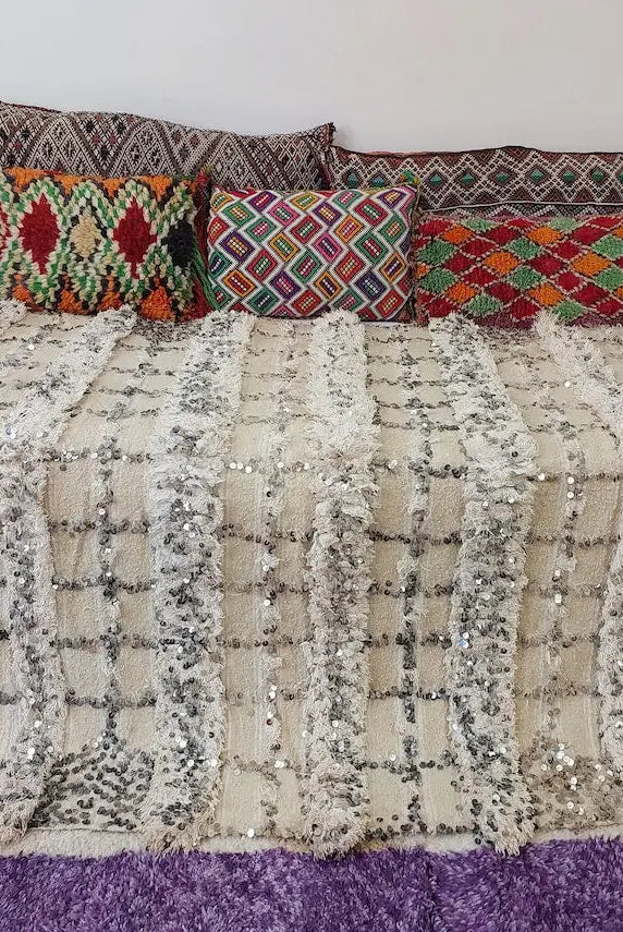 Cream Wool Blanket With Sequins: Handwoven Moroccan Throw, Off White Bedspread, Berber Style Rug MoroccanBazzArts