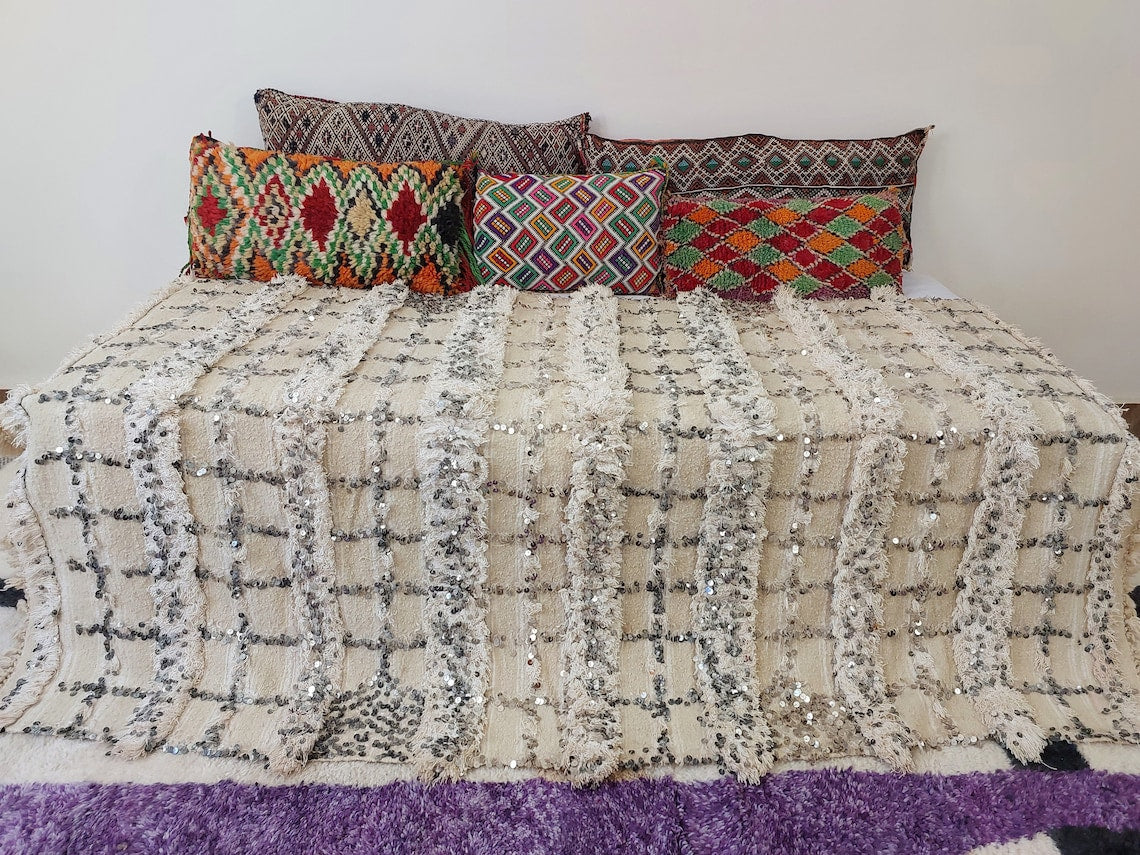 Cream Wool Blanket With Sequins: Handwoven Moroccan Throw, Off White Bedspread, Berber Style Rug MoroccanBazzArts