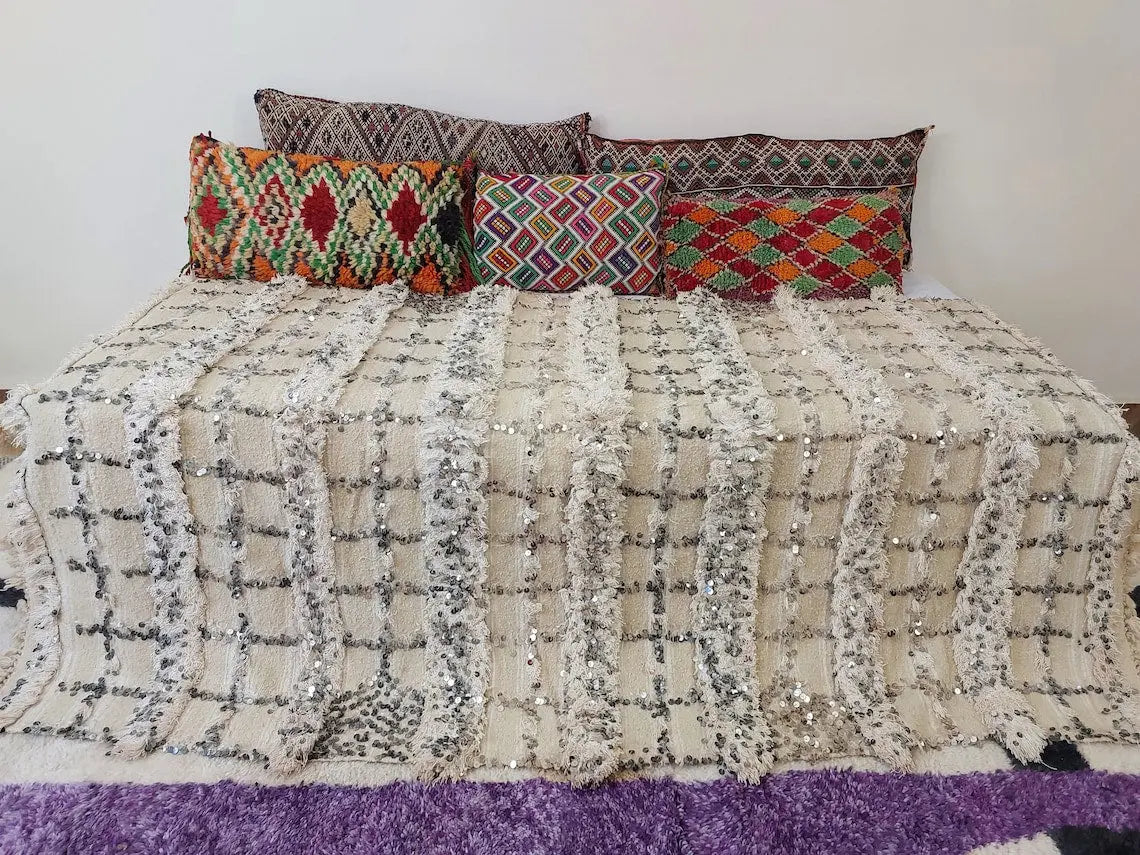 Cream Wool Blanket With Sequins: Handwoven Moroccan Throw, Off White Bedspread, Berber Style Rug MoroccanBazzArts