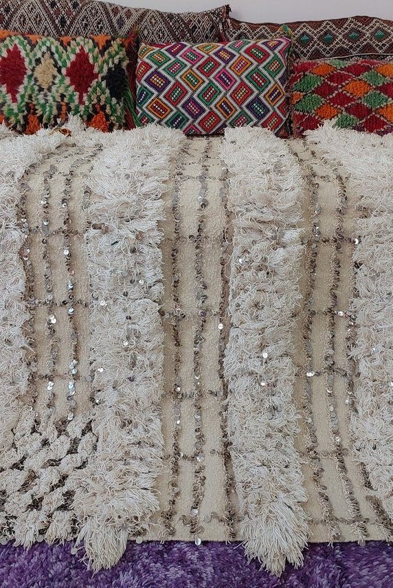 Wedding Blanket Moroccan Wool Cotton Throw With Sequins, Neutral Boho Berber Bed Cover Or Wall Tapestry Decor MoroccanBazzArts