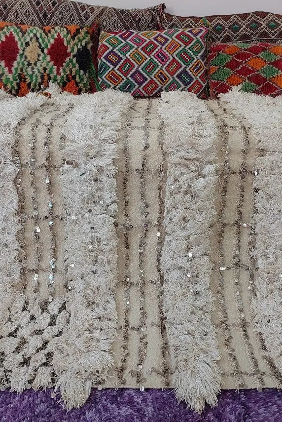 Wedding Blanket Moroccan Wool Cotton Throw With Sequins, Neutral Boho Berber Bed Cover Or Wall Tapestry Decor MoroccanBazzArts