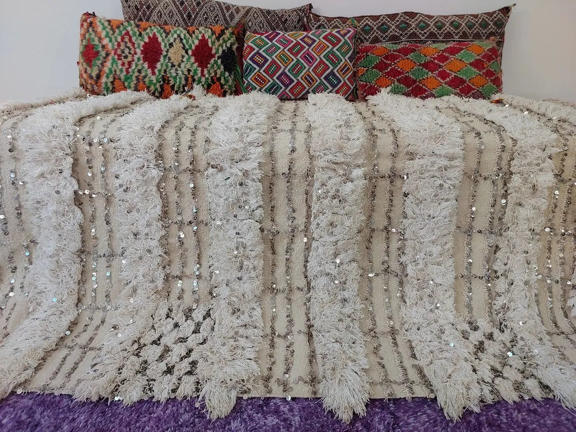 Wedding Blanket Moroccan Wool Cotton Throw With Sequins, Neutral Boho Berber Bed Cover Or Wall Tapestry Decor MoroccanBazzArts