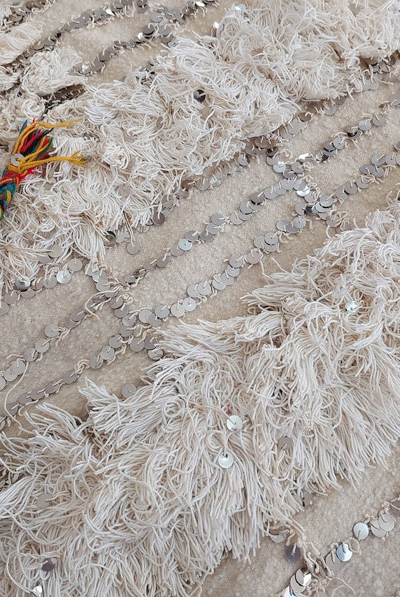 Wedding Blanket Moroccan Wool Cotton Throw With Sequins, Neutral Boho Berber Bed Cover Or Wall Tapestry Decor MoroccanBazzArts