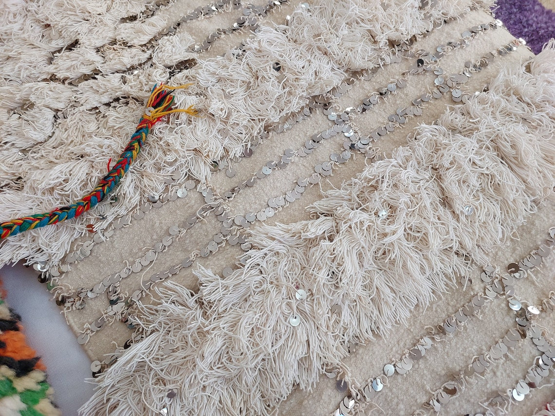 Wedding Blanket Moroccan Wool Cotton Throw With Sequins, Neutral Boho Berber Bed Cover Or Wall Tapestry Decor MoroccanBazzArts