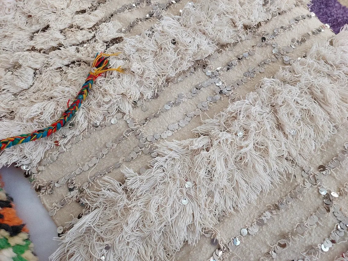 Wedding Blanket Moroccan Wool Cotton Throw With Sequins, Neutral Boho Berber Bed Cover Or Wall Tapestry Decor MoroccanBazzArts