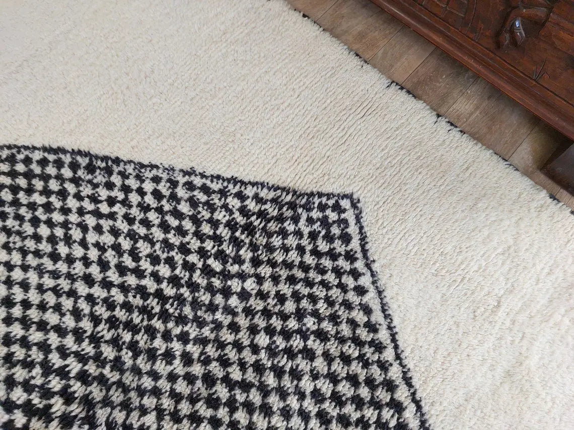 Luxury Moroccan Carpet; Beni Mrirt Rug With Plush Pile , Neutral Berber Rug , Checkered Design For Stylish Living Spaces MoroccanBazzArts