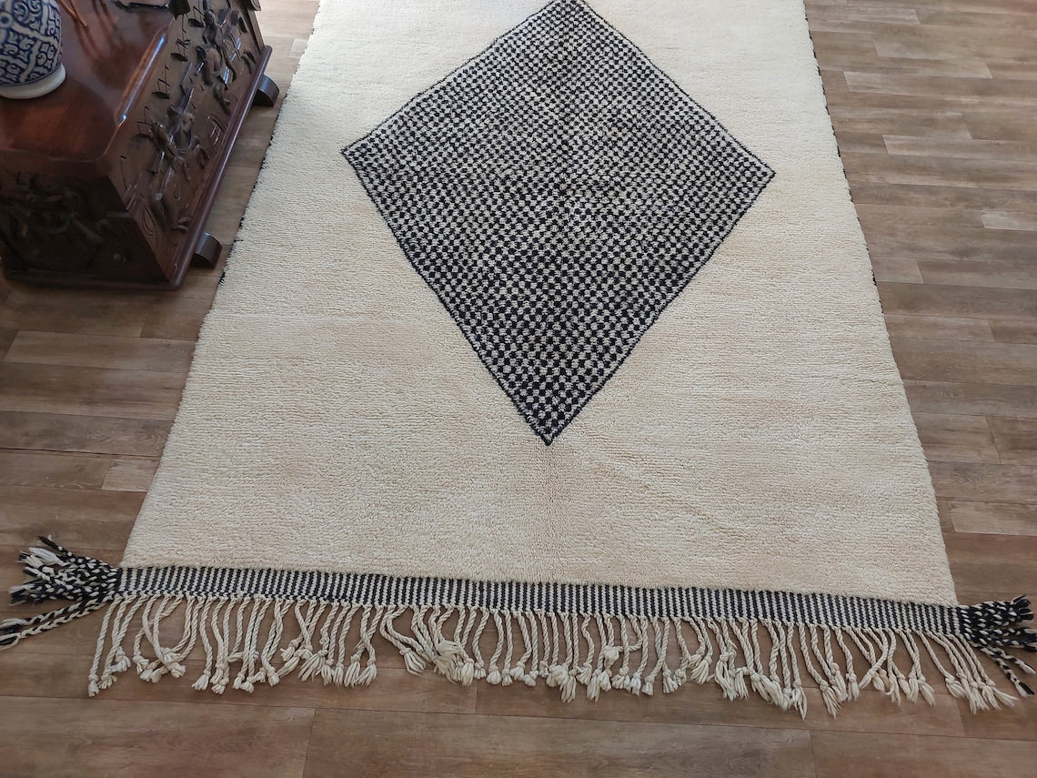 Luxury Moroccan Carpet; Beni Mrirt Rug With Plush Pile , Neutral Berber Rug , Checkered Design For Stylish Living Spaces MoroccanBazzArts