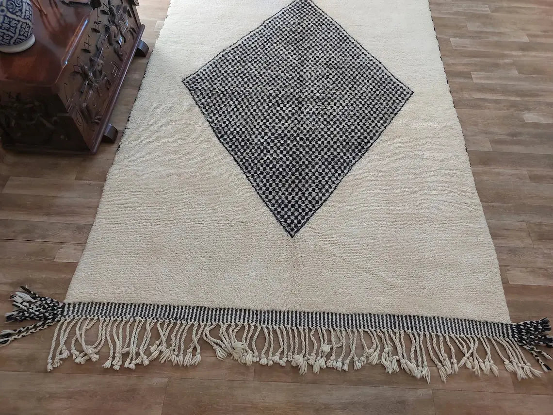 Luxury Moroccan Carpet; Beni Mrirt Rug With Plush Pile , Neutral Berber Rug , Checkered Design For Stylish Living Spaces MoroccanBazzArts