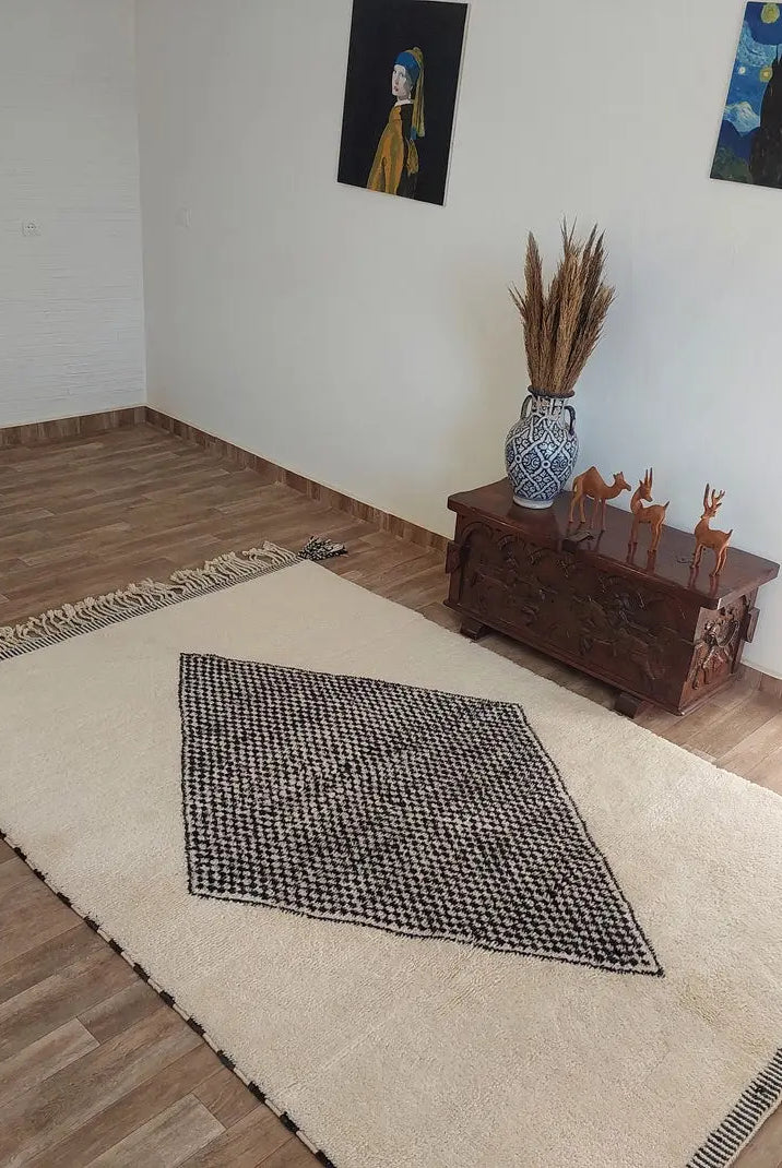 Luxury Moroccan Carpet; Beni Mrirt Rug With Plush Pile , Neutral Berber Rug , Checkered Design For Stylish Living Spaces MoroccanBazzArts