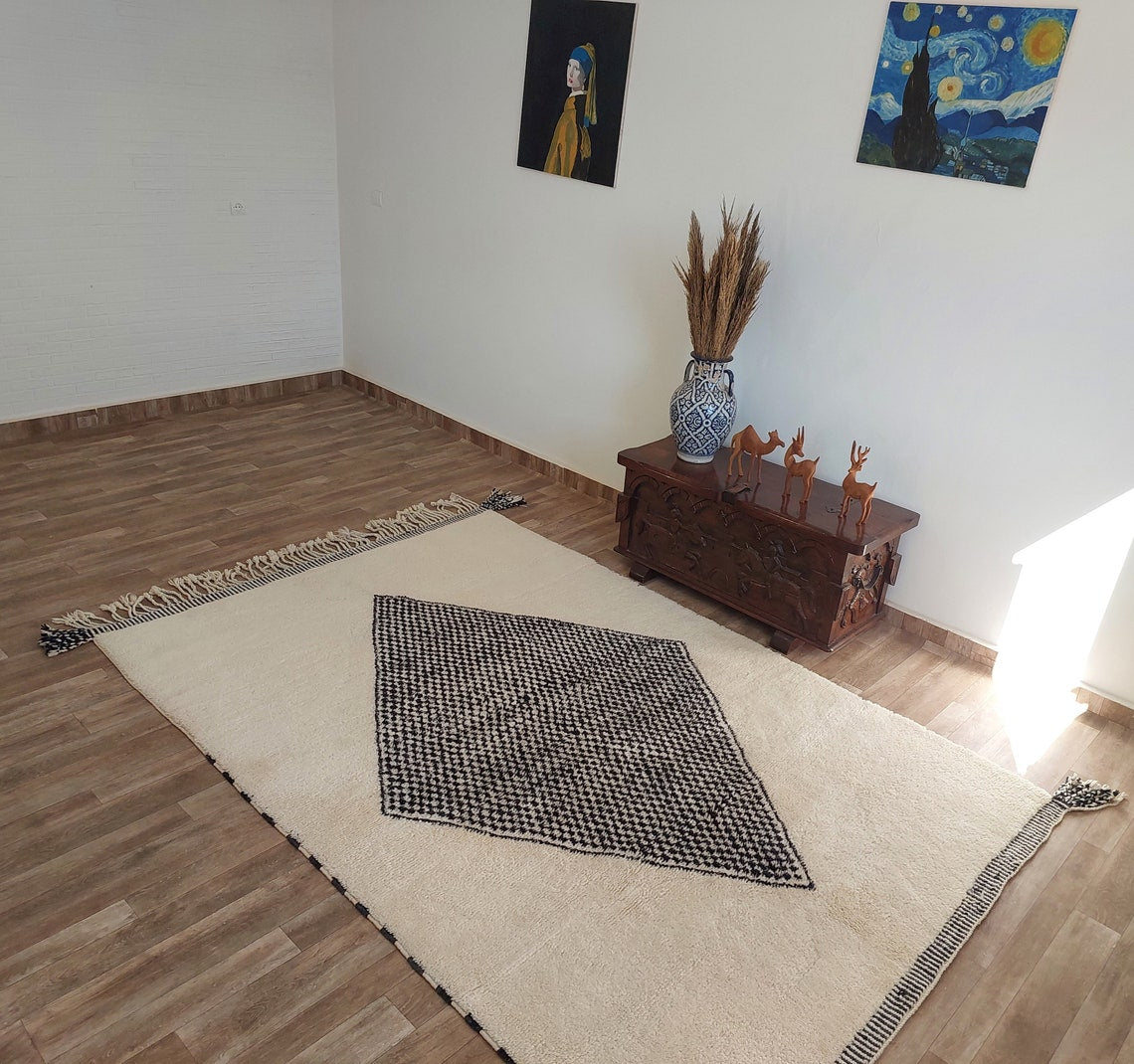 Luxury Moroccan Carpet; Beni Mrirt Rug With Plush Pile , Neutral Berber Rug , Checkered Design For Stylish Living Spaces MoroccanBazzArts