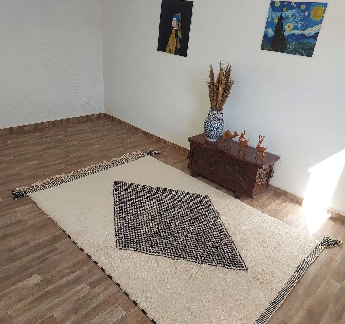 Luxury Moroccan Carpet; Beni Mrirt Rug With Plush Pile , Neutral Berber Rug , Checkered Design For Stylish Living Spaces MoroccanBazzArts