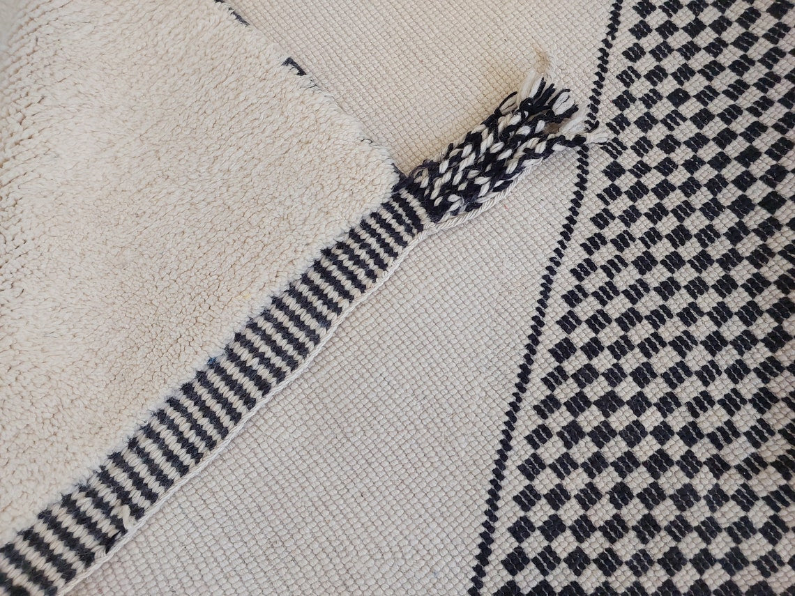 Luxury Moroccan Carpet; Beni Mrirt Rug With Plush Pile , Neutral Berber Rug , Checkered Design For Stylish Living Spaces MoroccanBazzArts