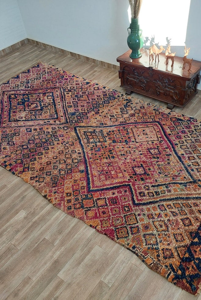 Moroccan Wool Rug Oversized 6.6x13.1 Ft: Handwoven Geometric Pattern, Magenta Accent Carpet MoroccanBazzArts