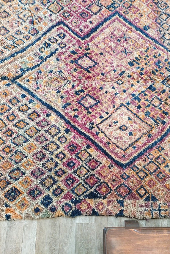 Moroccan Wool Rug Oversized 6.6x13.1 Ft: Handwoven Geometric Pattern, Magenta Accent Carpet MoroccanBazzArts