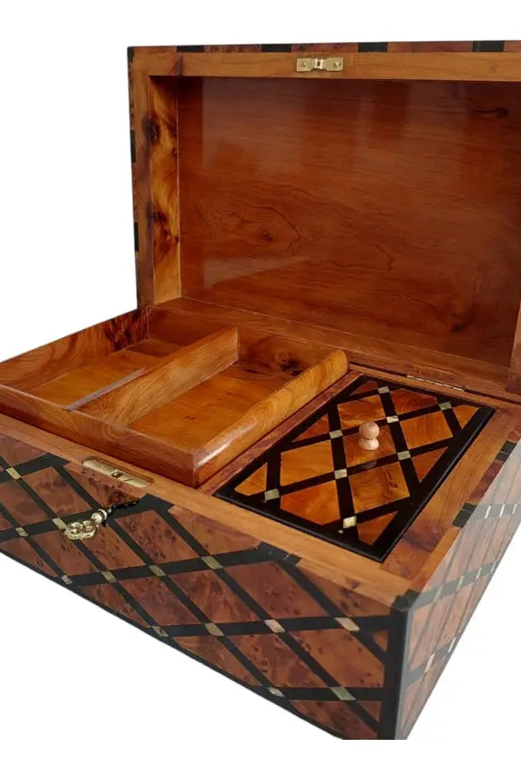Handcrafted Moroccan Thuya Wood Large Lockable Jewelry Chest - Unique Engraved Treasure Box Gift MoroccanBazzArts