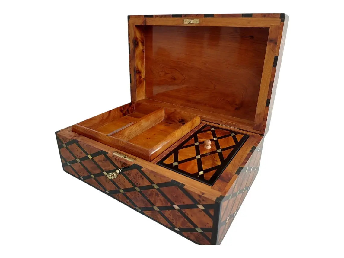Handcrafted Moroccan Thuya Wood Large Lockable Jewelry Chest - Unique Engraved Treasure Box Gift MoroccanBazzArts