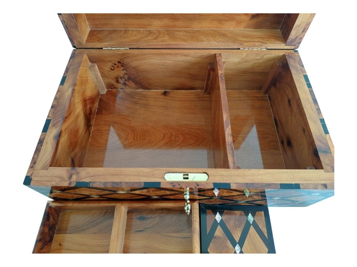Handcrafted Moroccan Thuya Wood Large Lockable Jewelry Chest - Unique Engraved Treasure Box Gift MoroccanBazzArts