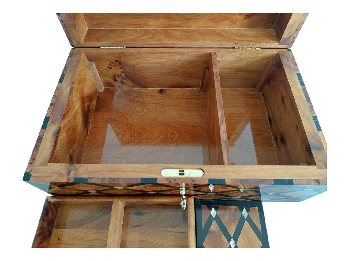 Handcrafted Moroccan Thuya Wood Large Lockable Jewelry Chest - Unique Engraved Treasure Box Gift MoroccanBazzArts
