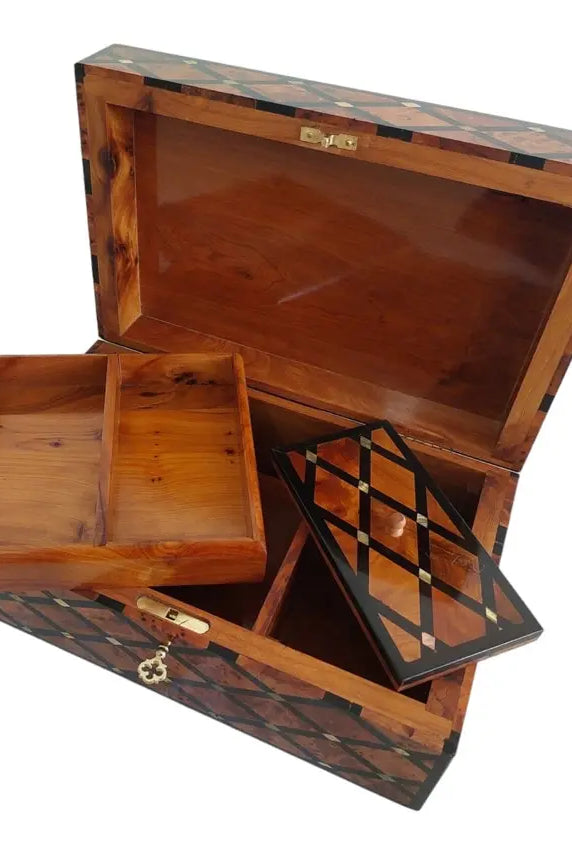Handcrafted Moroccan Thuya Wood Large Lockable Jewelry Chest - Unique Engraved Treasure Box Gift MoroccanBazzArts