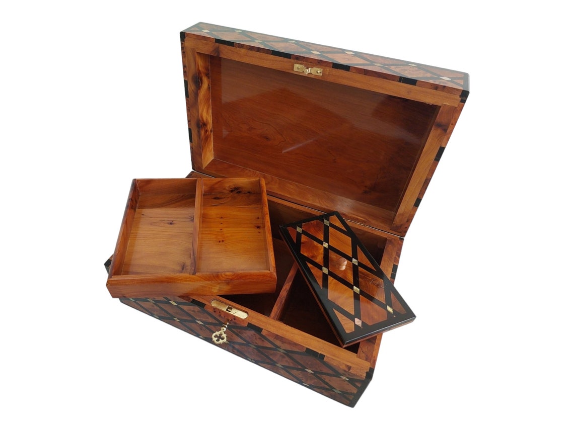 Handcrafted Moroccan Thuya Wood Large Lockable Jewelry Chest - Unique Engraved Treasure Box Gift MoroccanBazzArts