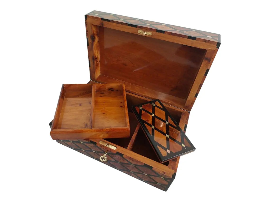 Handcrafted Moroccan Thuya Wood Large Lockable Jewelry Chest - Unique Engraved Treasure Box Gift MoroccanBazzArts