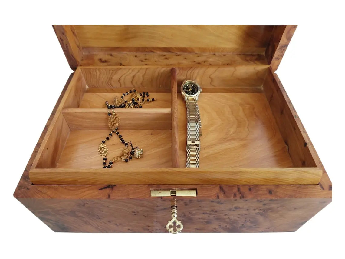Handcrafted Moroccan Thuya Wood Jewelry Chest - Large Lockable Treasure Box, Unique Engraved Gift MoroccanBazzArts