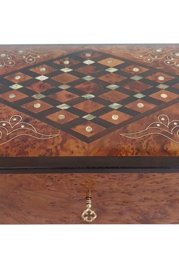 Handcrafted Moroccan Thuya Wood Jewelry Chest - Large Lockable Treasure Box, Unique Engraved Gift MoroccanBazzArts
