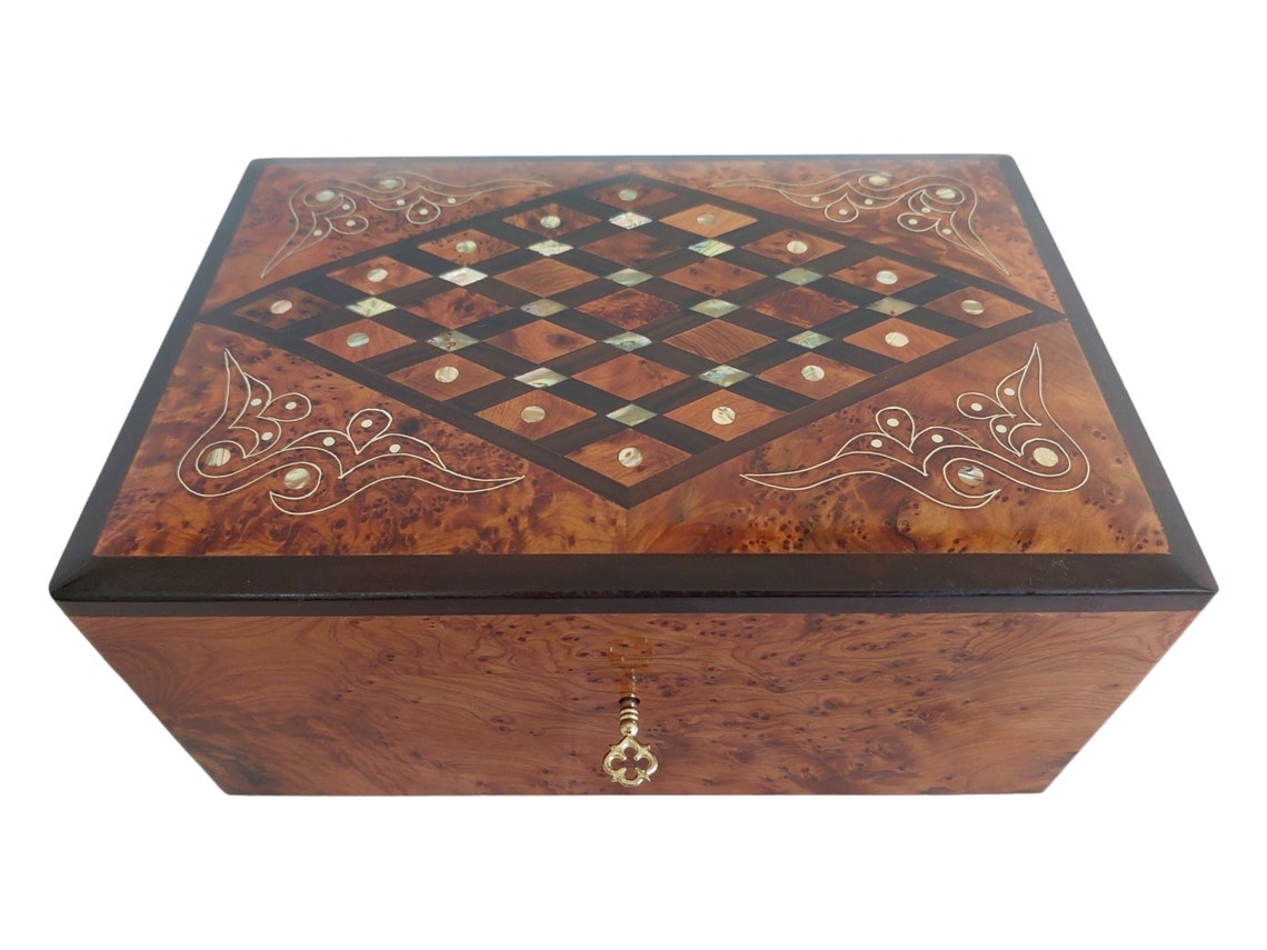 Handcrafted Moroccan Thuya Wood Jewelry Chest - Large Lockable Treasure Box, Unique Engraved Gift MoroccanBazzArts