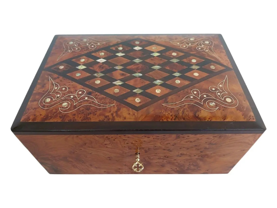 Handcrafted Moroccan Thuya Wood Jewelry Chest - Large Lockable Treasure Box, Unique Engraved Gift MoroccanBazzArts