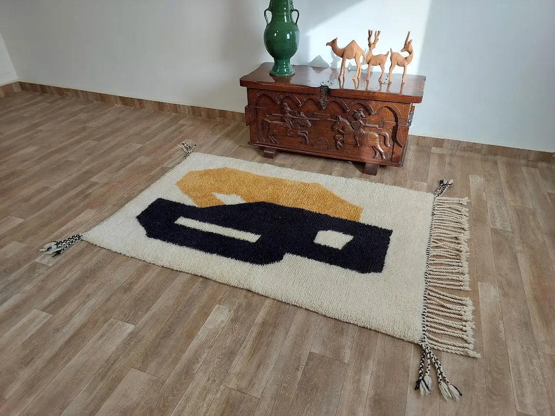 Authentic Moroccan Beni Mrirt Rug , Handwoven Wool Area Rug - 3.5x5.2 Contemporary Neutral Berber Rug Living Room Decor MoroccanBazzArts