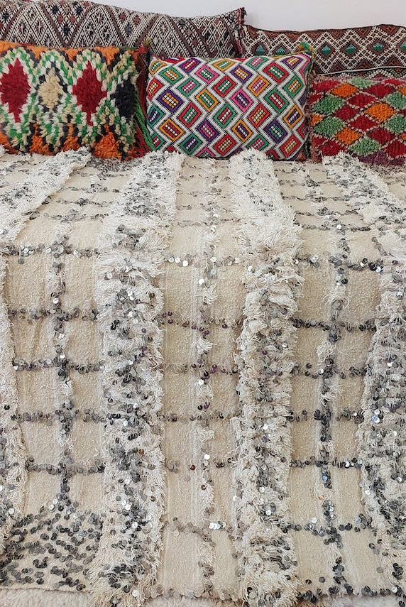 Cream Wool Blanket With Sequins: Handwoven Moroccan Throw, Off White Bedspread, Berber Style Rug MoroccanBazzArts