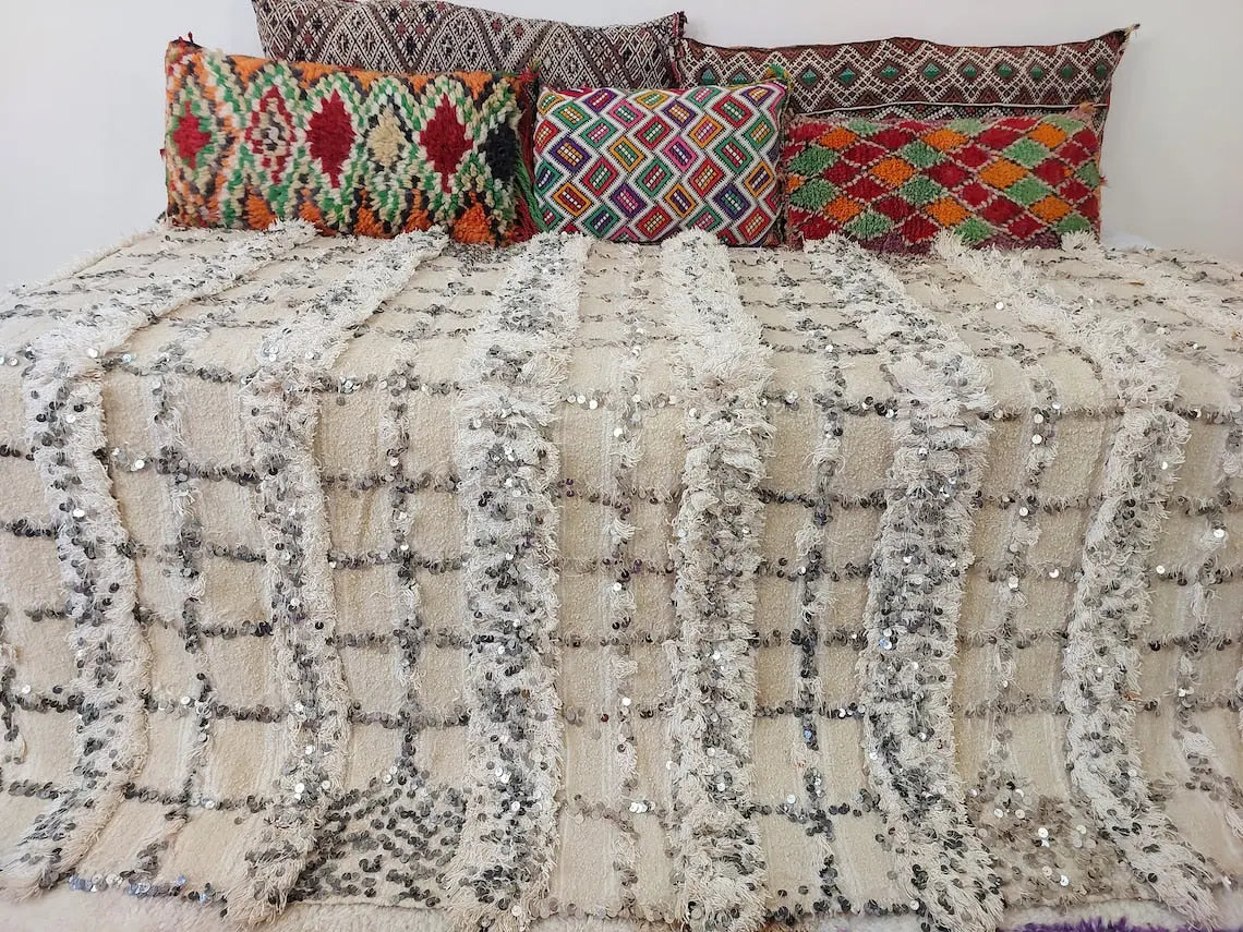 Cream Wool Blanket With Sequins: Handwoven Moroccan Throw, Off White Bedspread, Berber Style Rug MoroccanBazzArts