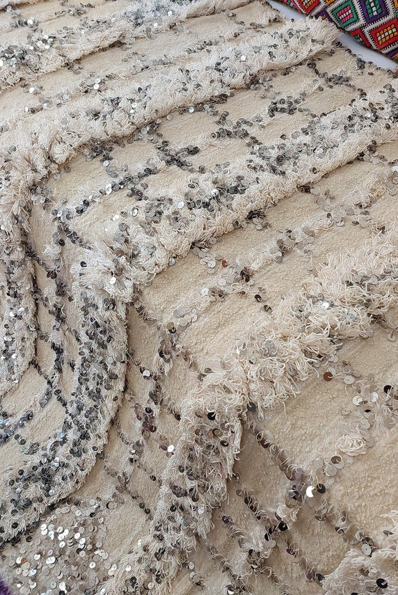 Cream Wool Blanket With Sequins: Handwoven Moroccan Throw, Off White Bedspread, Berber Style Rug MoroccanBazzArts