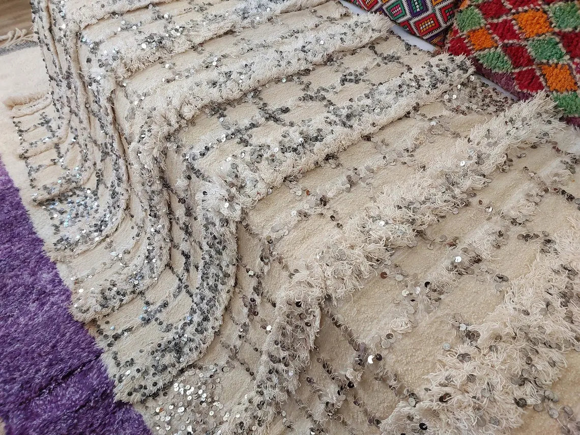 Cream Wool Blanket With Sequins: Handwoven Moroccan Throw, Off White Bedspread, Berber Style Rug MoroccanBazzArts