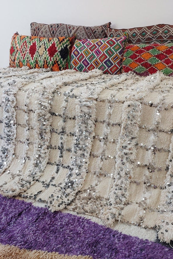 Cream Wool Blanket With Sequins: Handwoven Moroccan Throw, Off White Bedspread, Berber Style Rug MoroccanBazzArts