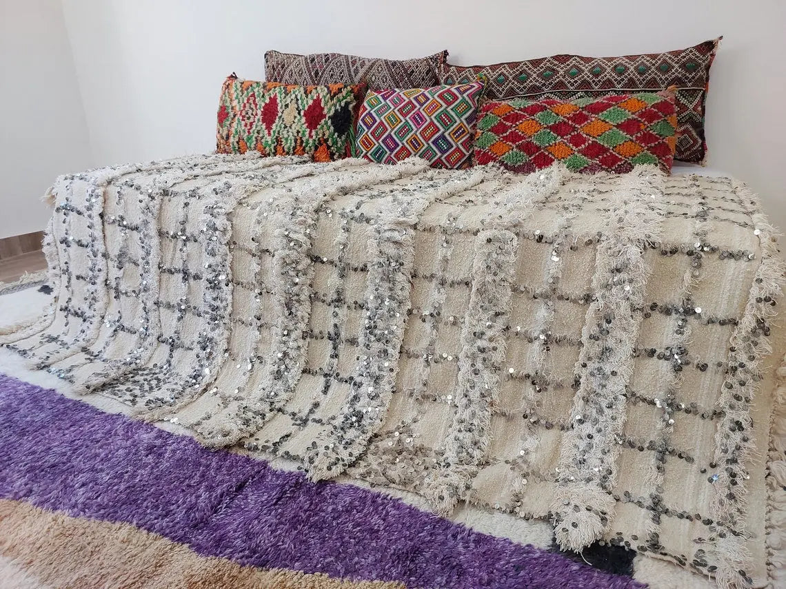 Cream Wool Blanket With Sequins: Handwoven Moroccan Throw, Off White Bedspread, Berber Style Rug MoroccanBazzArts