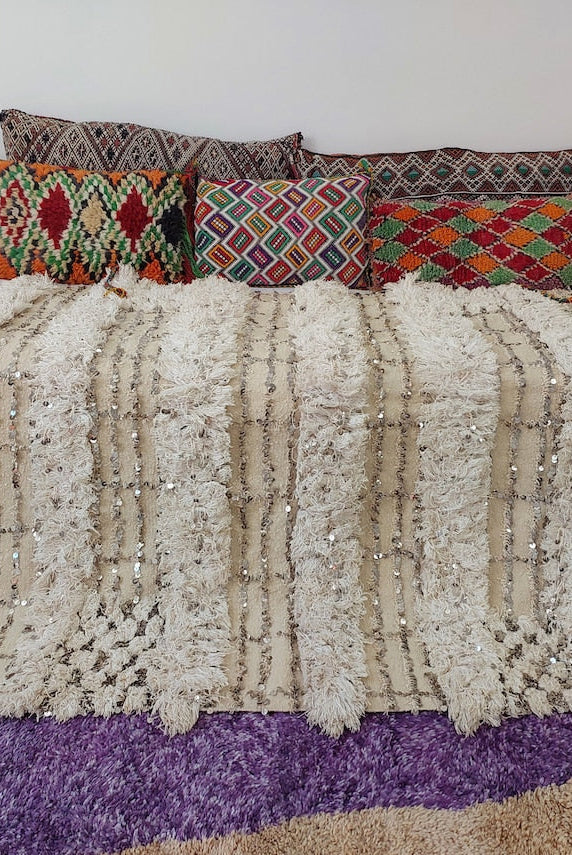 Wedding Blanket Moroccan Wool Cotton Throw With Sequins, Neutral Boho Berber Bed Cover Or Wall Tapestry Decor MoroccanBazzArts